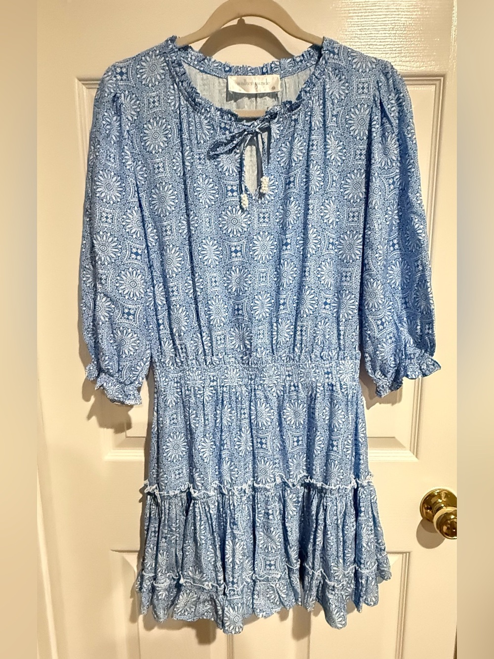 Light Blue Printed Tie-Neck Mini Dress with Smocked Waist